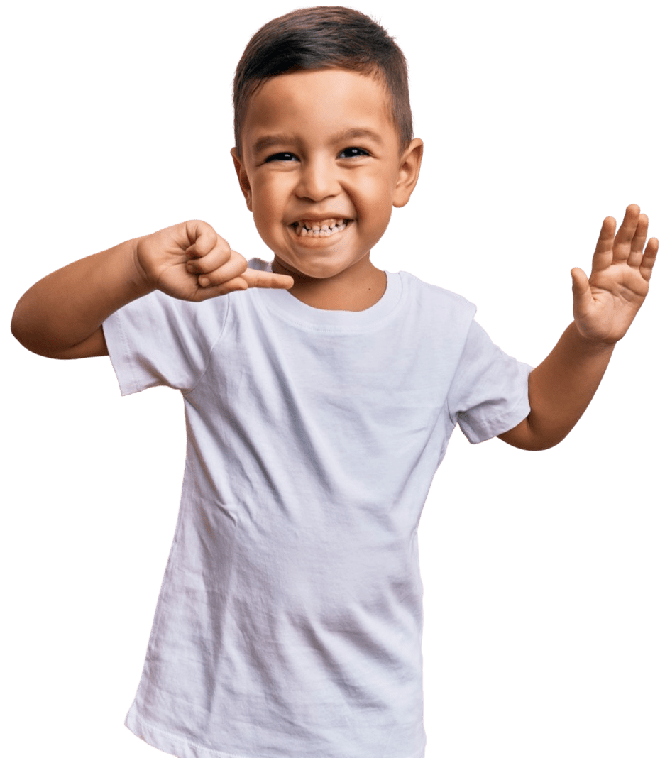 Smiling happy pointing with hand and finger